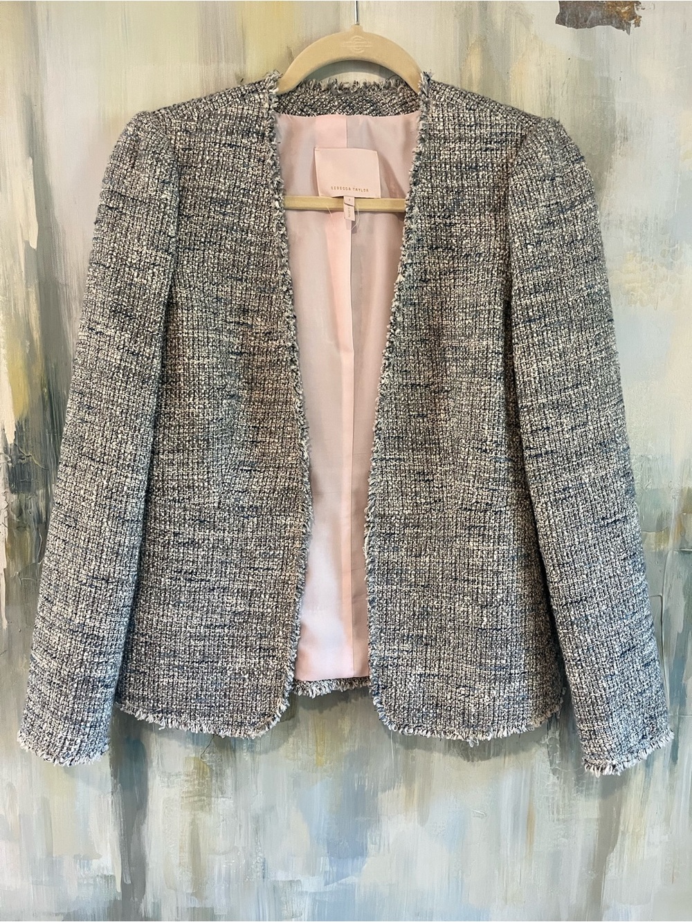 Rebecca Taylor Tweed Fringe Open Front Blazer Jacket Size 2